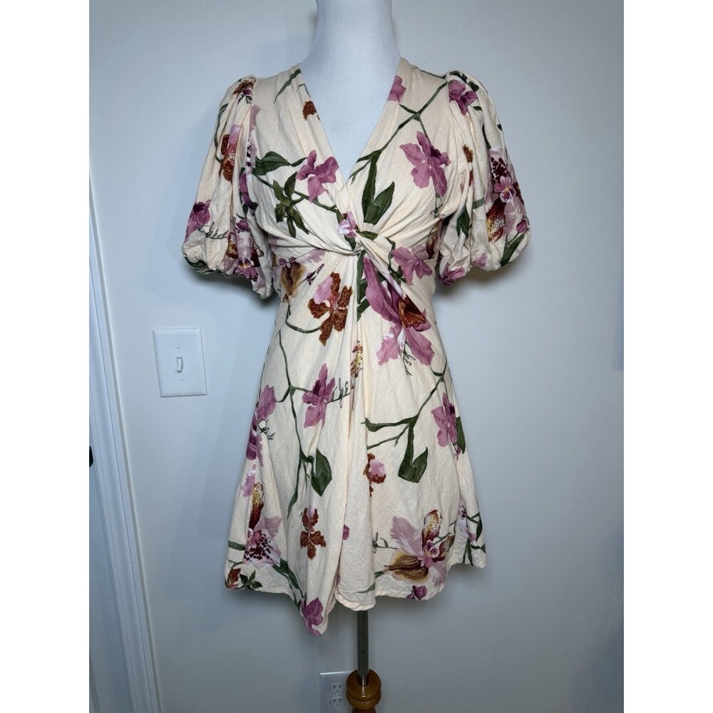 White Closet Elements Beige Tropical Linen Blend Mini Dress Puff Sleeve Small